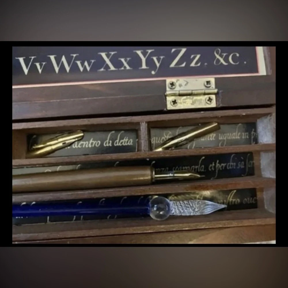 Traveller's Writing Chest w/ Calligraphy Tools Wood Box Ink + Glass Writing Pen